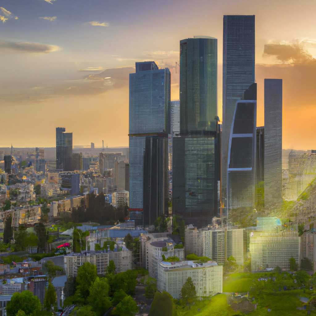 Высокодетализированная панорама современного города на закате с отражениями в стеклянных башнях